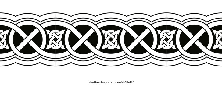 Celtic national seamless ornament interlaced tape. Black ornament isolated on white background.