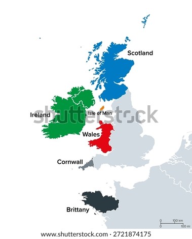 Celtic nations, map of the six Celtic countries, a cultural area and a collection of geographical regions in Northwestern Europe, where Celtic languages and cultural traits have survived. Vector