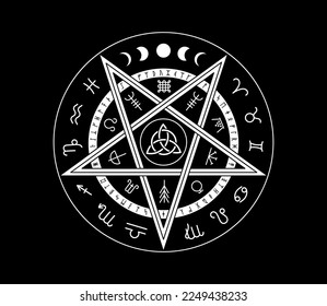 Celtic occult symbol. Magic pentagram. Circle Wicca zodiac pagan. Ritual Wiccan alchemy pictogram. Astrology phases. Rune and horoscope signs. Witchcraft emblem. Vector design utter icon