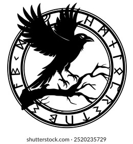 
Celtic Odin's raven. Vector illustration of Scandinavian myths. 
Scandinavian tattoo. Runic symbols. Raven on a branch. Old Norse runic alphabet.