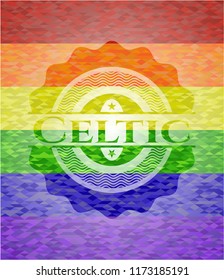 Celtic on mosaic background with the colors of the LGBT flag