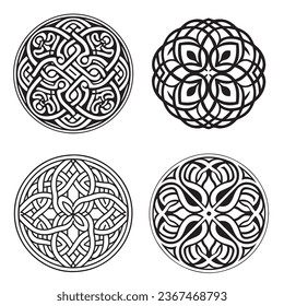 Celtic ornament circular round mandala set. Tattoo viking style collection. Adult coloring page black and white