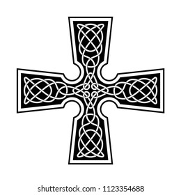 Celtic ornament in the form of a cross. White isolated ornament on a black background.