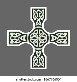 Celtic ornament in the shape of a cross. Isolated vector on a dark background.