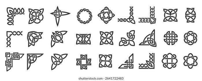 Celtic ornamental corners. Irish border frame of knotted ornate traditional Celtic decoration, knot corner elements, fancy page framing medieval design art. Vector isolated set.
