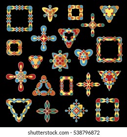 Celtic ornamental design elements. Set of different ethnic signs and frames. Multicolor geometric patterns isolated on black background. Vector illustration.