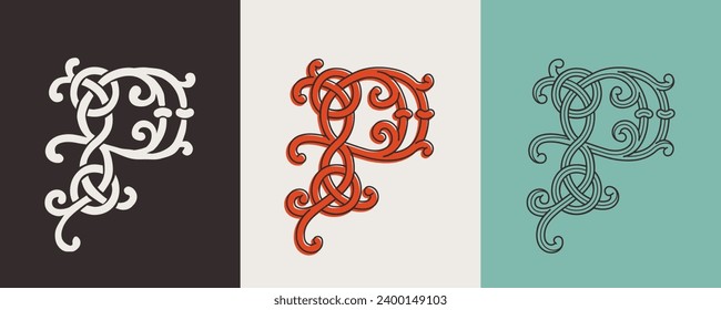 Celtic P monograms set. Insular style initial with authentic knots and interwoven cords. British, Irish, or Saxons overlapping monogram. Medieval font for tattoo, St. Patrick day logo, and sportswear.