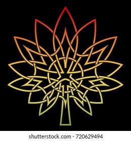 Celtic pattern in the form of a leaf of the tree, warm colors of colors, autumn palette, Red, orange, yellow, green. Vector color image isolated on a black background.