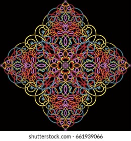 Celtic pattern, vector wicker ornament, hand drawing decorative element. Multicolored bright wicker weave on a black background