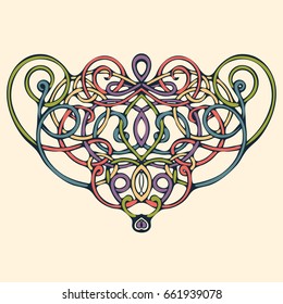 Celtic pattern, vector wicker ornament, hand drawing decorative element. Multicolored wicker weave on a yellow background