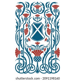 Celtic plant ornamentation. Intertwined thistle leaves and flowers. Heraldic shield, symbol of Scotland, isolated on white, vector illustration