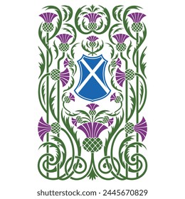 Celtic plant ornamentation. Intertwined thistle leaves and flowers. Heraldic shield, symbol of Scotland, isolated on white, vector illustration