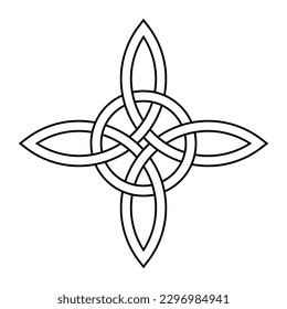 Celtic quad knot with interlaced circle. Celtic cross, formed by four endless connected arcs, intertwined with a circle. A spiritual and religious symbol, used in medieval Christian ornamentation.