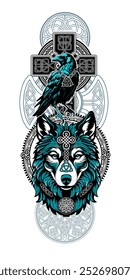 Celtic Raven and Wolf - Ilustración vectorial con intrincados nudos celtas y nórdicos, geometría sagrada. Incorporando símbolos vikingos sagrados como el valknut, la mitología escandinava y temas espirituales