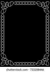 Celtic rectangular frame with corner decorative elements. Vector isolated white image on a black background.