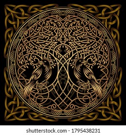 Celtic sacred symbols - Yggdrasil tree of life and totem birds raven Huginn and Muninn ravens of Odin