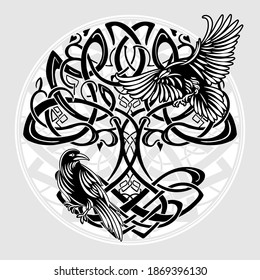 Celtic sacred symbols - Yggdrasil tree of life and totem birds raven Huginn and Muninn ravens of Odin
