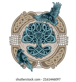 Celtic sacred symbols - Yggdrasil tree of life and totem birds raven Huginn and Muninn ravens of Odin