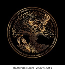 Celtic sacred symbols - Yggdrasil tree of life and totem birds raven Huginn and Muninn ravens of Odin