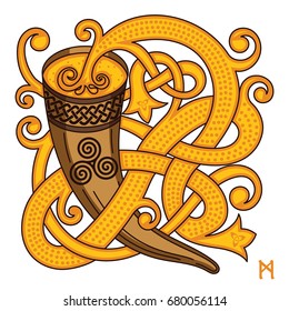 Celtic, Scandinavian design. Drinking horn with mead and woven pattern, isolated on white, vector illustration