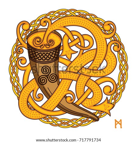 Celtic, Scandinavian design. Drinking horn with mead and woven pattern, isolated on white, vector illustration