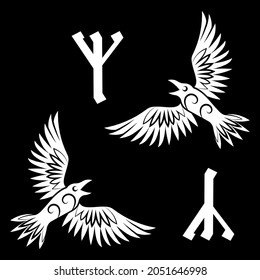 Celtic Scandinavian design. Two Crows and Scandinavian Runes, isolated on black, vector illustration