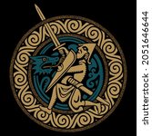 Celtic Scandinavian design. Viking warrior fighting dragon, isolated on black, vector illustration