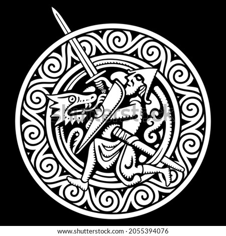 Celtic Scandinavian design. Viking warrior fighting dragon, isolated on black, vector illustration