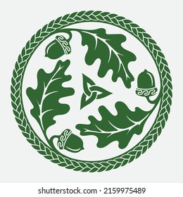 Celtic Scandinavian ethnic design. Round Celtic design with oak leaves and acorns, isolated on white, vector illustration