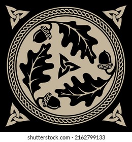 Celtic Scandinavian ethnic design. Round Celtic design with oak leaves and acorns, isolated on black, vector illustration