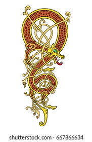 Celtic, Scandinavian vintage pattern is in the form of a twisted dragon, isolated on white, vector illustration
