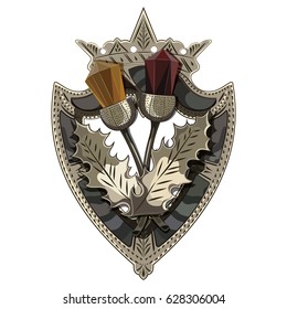 Celtic Scottish brooch in the shape of a shield with crown, Scottish Thistle adorned with stones like garnet and amber, isolated on white, vector illustration