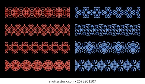 Celtic seamless knot. Irish pattern design. Black old Irish frame. Border Scotland ornament, traditional design elements. Tribal cross. Isolated graphic objects. Vector medieval decorative garish set