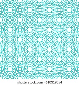 Celtic seamless pattern in Medieval style. Turquoise tangle on white background. Endless repeat backdrop, texture, wallpaper. Stock vector