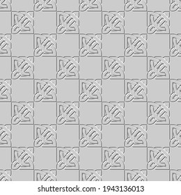 Celtic seamless pattern. Vector gray background. Knots ornaments with embossing effect. Ornate repeat embossed texture. Elegant decorative light backdrop. Ornamental textured design. Surface texture.