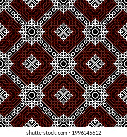 Celtic seamless pattern. Vector ornamental intricate background. Repeat Deco backdrop. Black white red vintage plexus ornaments. Modern decorative ethnic gothic style design. For wallpapers, prints.