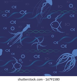 Celtic seascape background - seamless tile vector with marine life