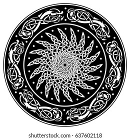 Celtic shield, decorated with a ancient European pattern, isolated on white, vector illustration