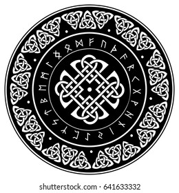 Celtic shield, decorated with a ancient European pattern and scandinavian runes, vector illustration