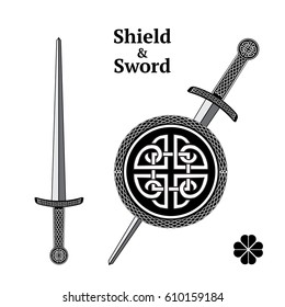 Celtic shield and sword, isolated on the white background for web design. Flat vector illustration.