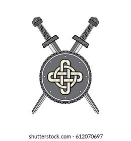 Celtic shield and sword, isolated on the white background for web design. Sword of the Carolingian. Vector illustration.