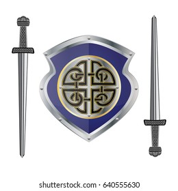 Celtic shield and sword, isolated on the white background for web design, logo. Sword of the Carolingians. Vector illustration.