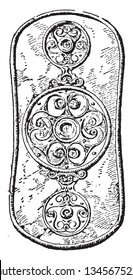 Celtic Shields were used in battle by the Celts and other ancient tribes as their main weapon for defense, vintage line drawing or engraving illustration.