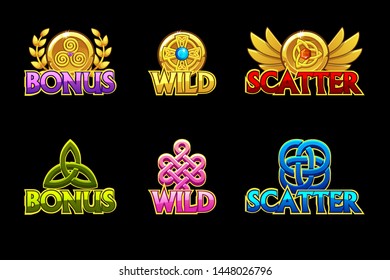 Celtic slots icons. Vector icons wild, bonus and scatter. For game, slots, game development.. Symbols on a separate layer