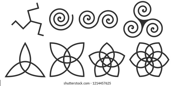 Celtic Spiral of Life triskelion and other Celtic patterns. Black isolated signs. Set of vector illustrations.  Symbolizes the repeatability and changeability of life cycles. Gothic signs triskele.