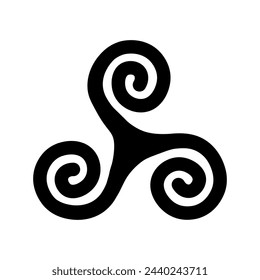 Celtic spiral mystical religious symbol. Spiritual triskele sign of traditional culture of worship and veneration. Simple black and white vector isolated on white background