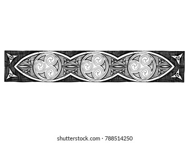 Celtic spirals border ornament in ink hand drawn style. 