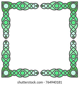 Celtic square frame with black lines and green fill. Isolated image on white background.