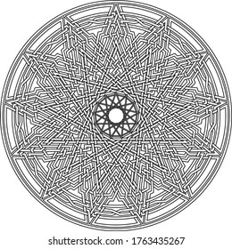 Celtic star circular pattern with tridecagram geometric shape clock pattern inside huge tridecagon with floral vortex vector pentagram background