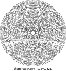 Celtic star circular pattern with tridecagram geometric shape clock pattern inside huge tridecagon with floral vortex vector pentagram background